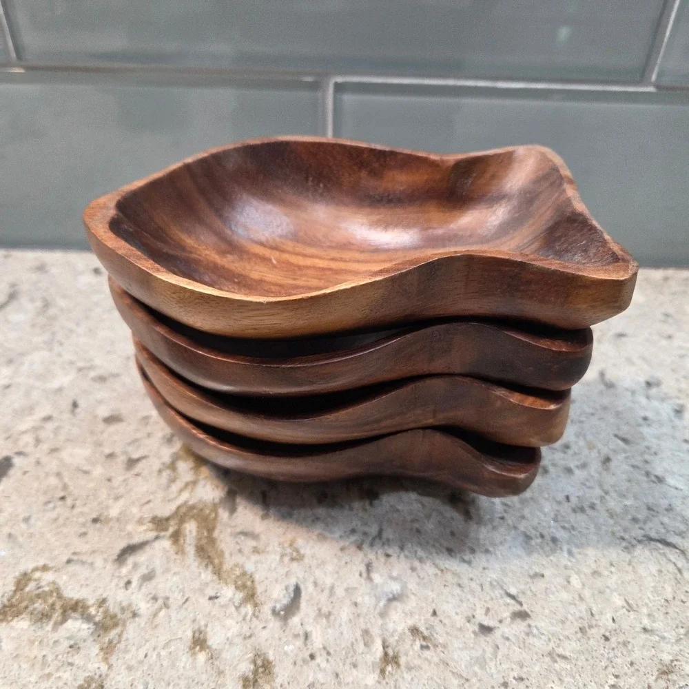Hilo Hattie Monkey Pod Wood Fish Salad Set Serving Bowl Small Bowls Utensils MCM